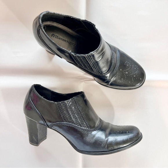 Etienne Aigner Nessie Black Heeled Oxford Booties Size 9M Witchy Dress Shoes - Picture 1 of 9